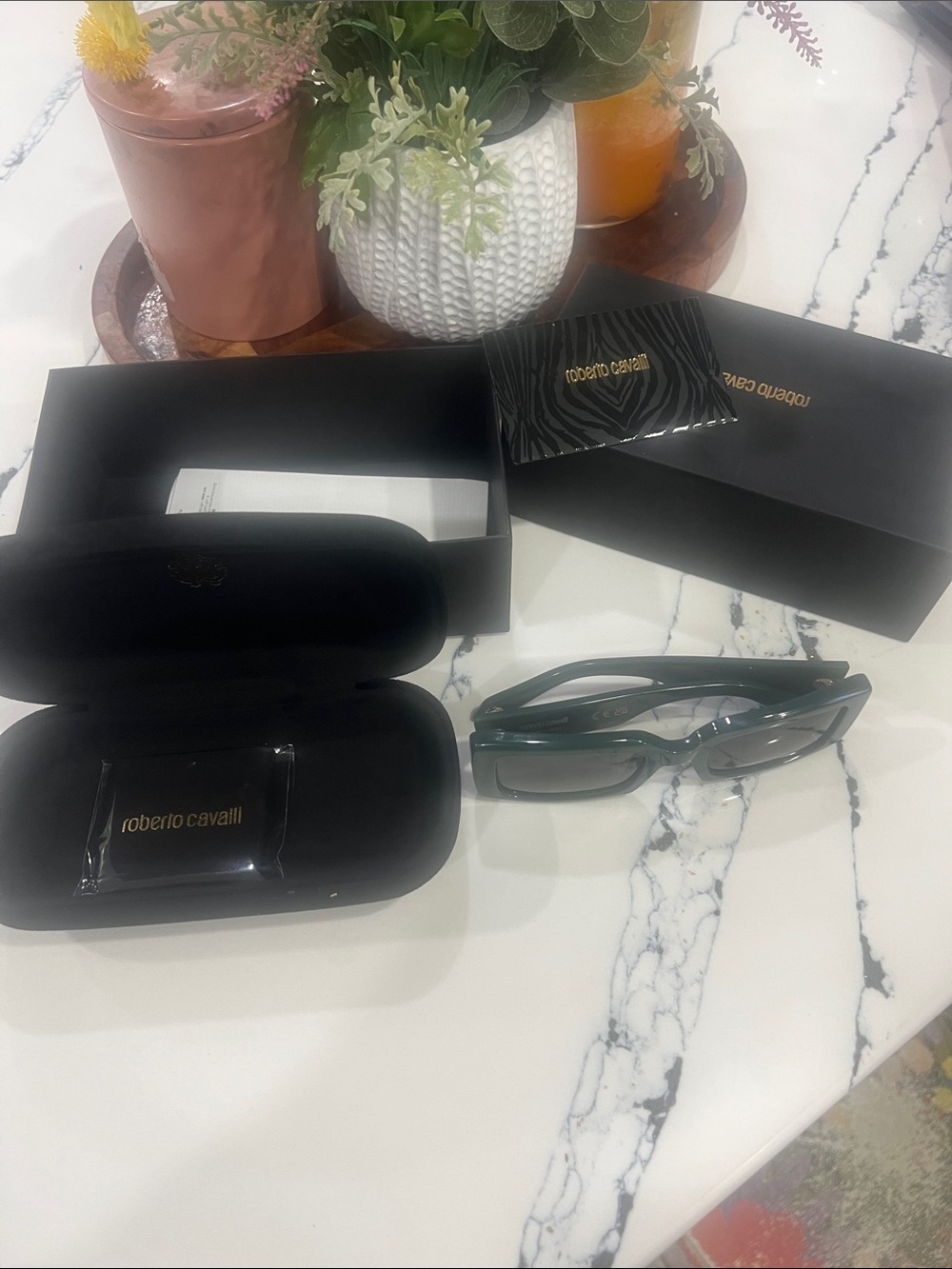 Roberto Cavalli Glossy Emerald Slim Rectangular Sunglasses